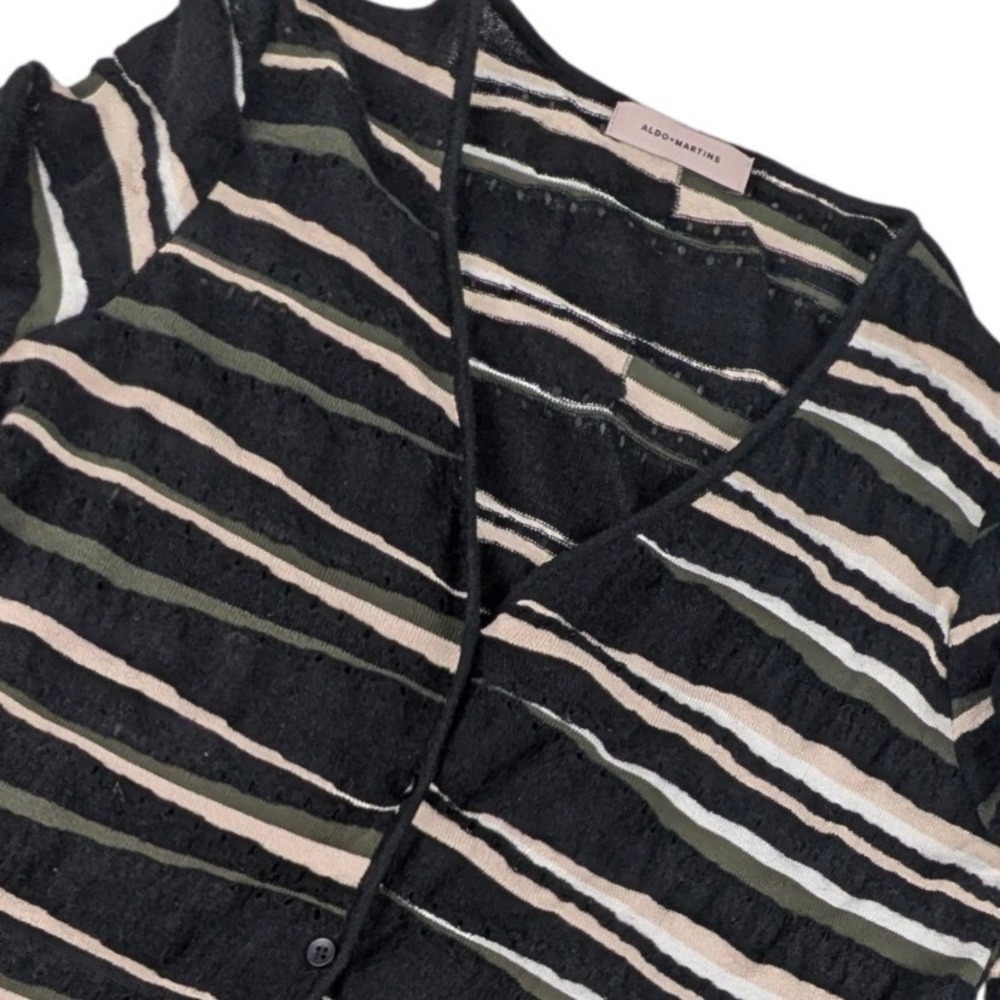 Aldo Martins Striped Knit Cardigan Black Green Bell Sleeve Ruffle V-Neck Spain
